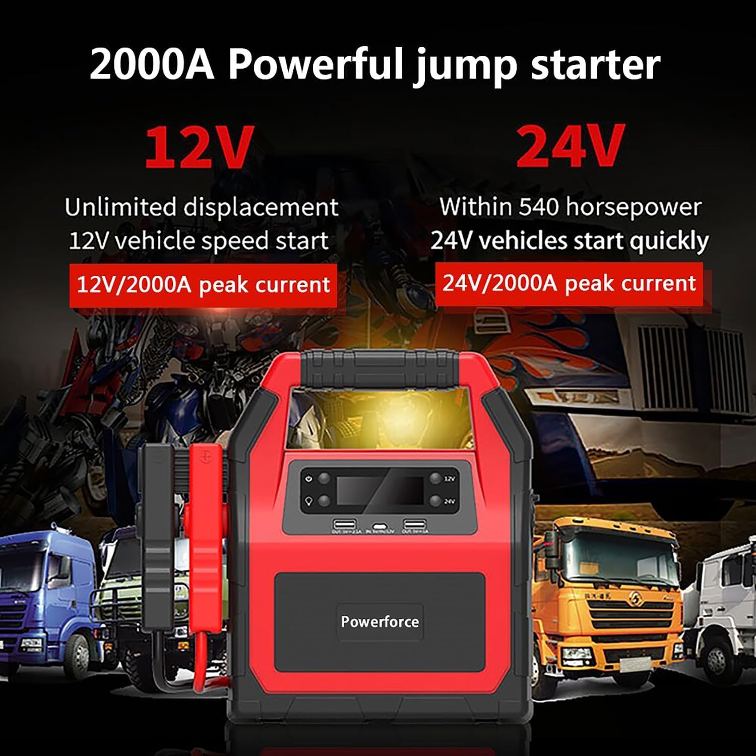 Arrancador portátil de 42000 mAh y 1500 A de pico y banco de energía — 24 V conmutable para coche y camión de uso intensivo para arranque de emergencia (arranque instantáneo para automóviles, camiones