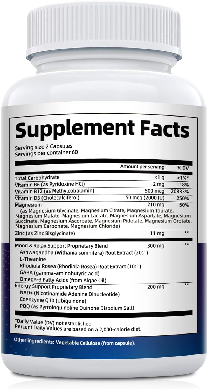 Magnesium Complex w/Magnesium Glycinate, Malate, Citrate | 24-in-1 Magnesium Supplement w/Ashwagandha, L-Theanine & NAD+ | Supports Calm, Energy, Muscle & Sleep | Non-GMO, 120 Vegan Caps - Image 10