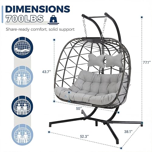 Miniatura 4 de BULEXYARD - Silla de huevo doble de mimbre con soporte, para 2 personas, grande, columpio colgante, sofá de 2 plazas para el patio, cojines de ratán