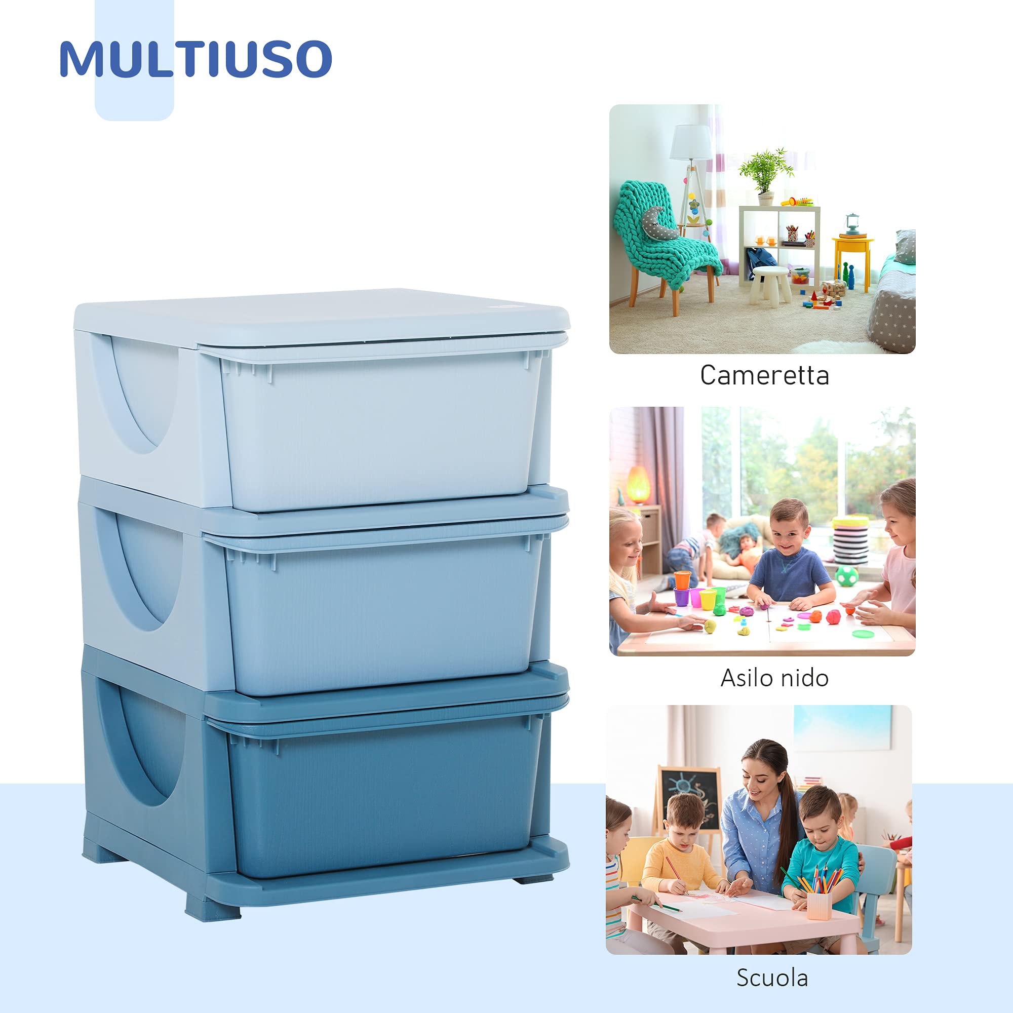 HOMCOM Cassettiera 6 Cassetti per Bambini 3-6 Anni con Bordi Arrotondati, Mobile Portagiochi in PP, 37x37x56.5cm, Blu