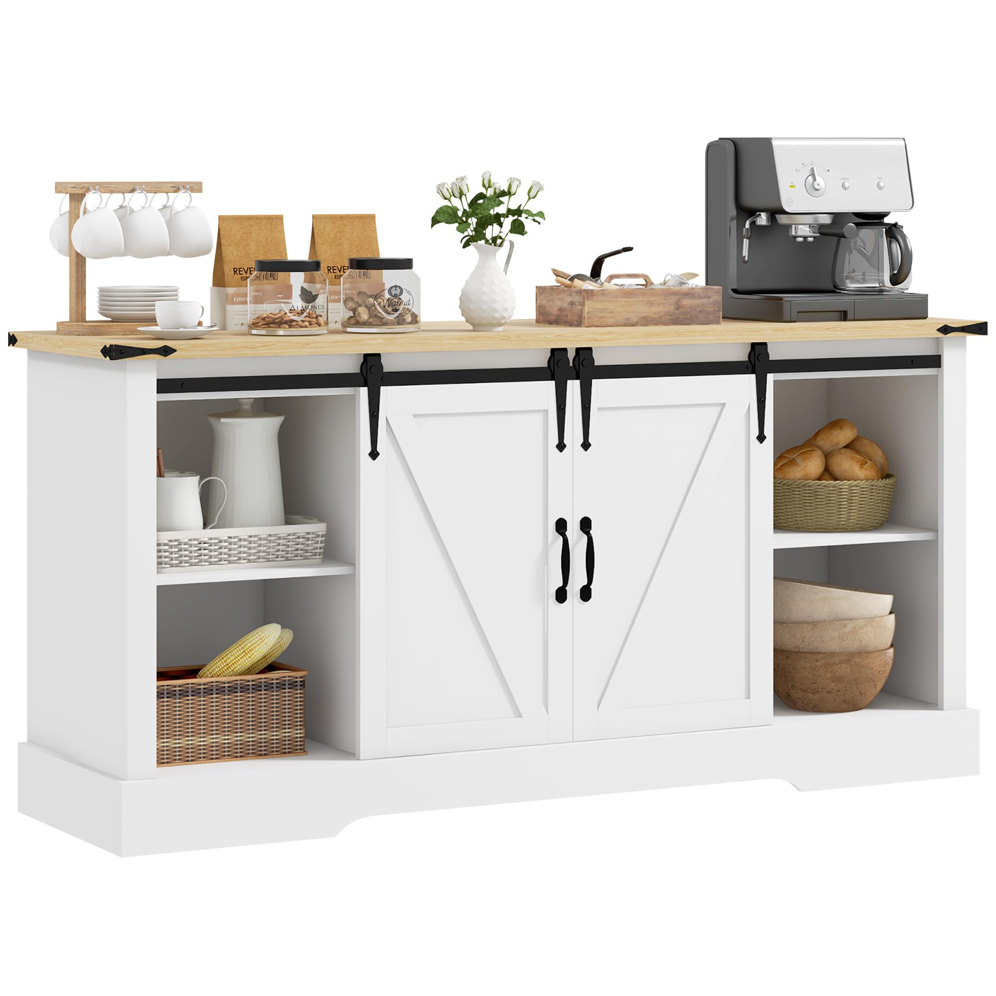 HOMCOM Credenza, mobile contenitore, con 2 ante scorrevoli, ripiani regolabili, per soggiorno, sala da pranzo, corridoio, 150L x 40D x 72H cm, legno, rovere bianco