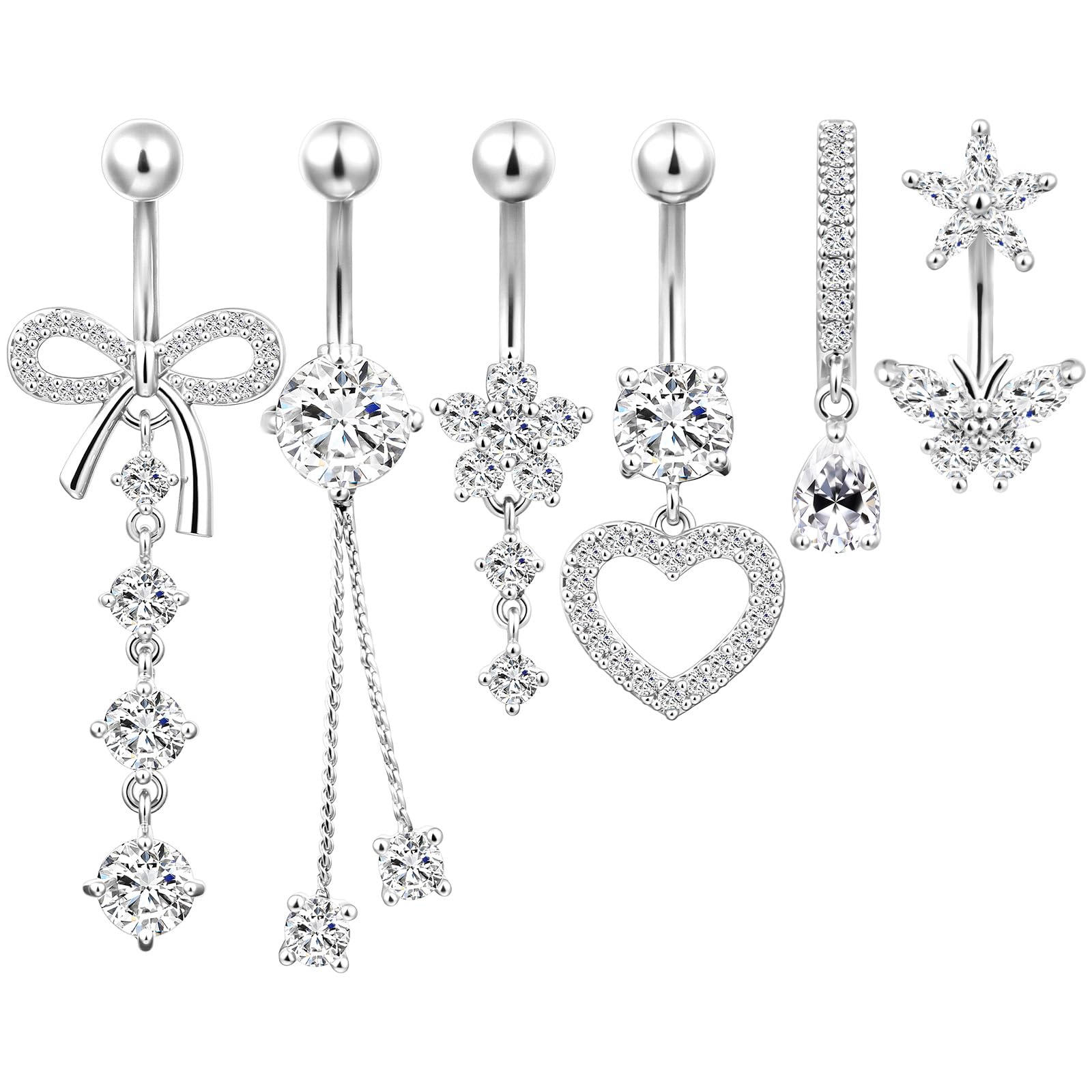 5 stuks navelpiercings, roestvrijstalen navelpiercingset, hangende piercingsieraden met hartvormige strik voor vrouwen en meisjes (wit