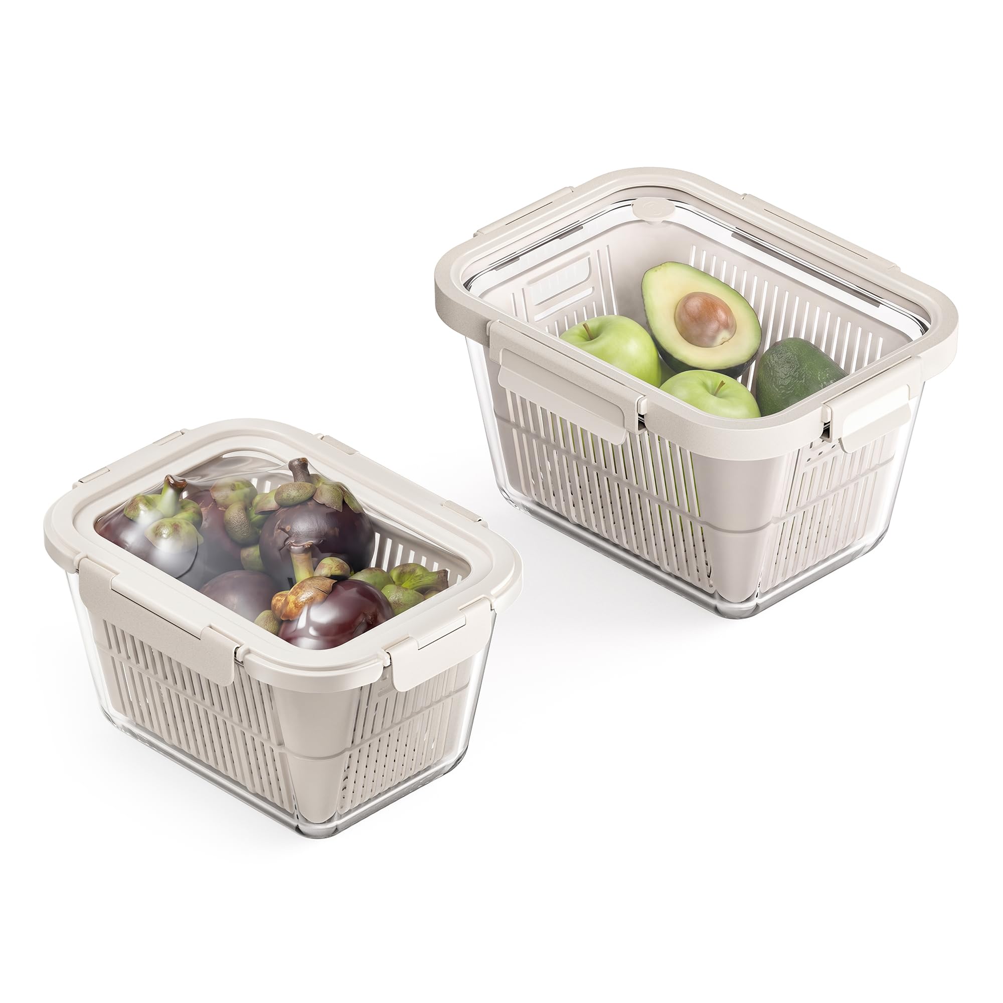 GENICOOK Set di 2 barattoli in vetro per frutta e verdura con coperchio, 2,3 l e 1,7 l, ermetici, organizer per frigorifero, senza BPA