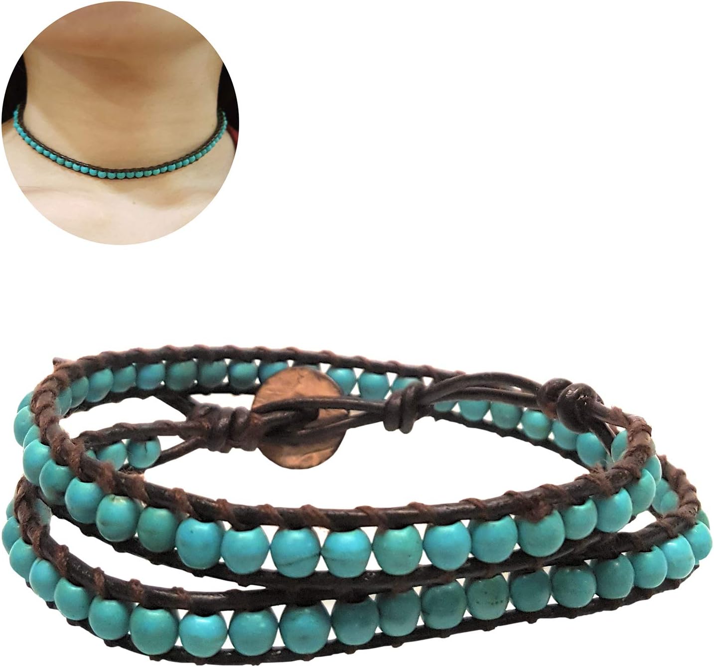 Turquiose 2 Wrap Bracelets and Choker woven Leather Necklace 2 in 1, Men Bracelet, Women Bracelet. - Image 8