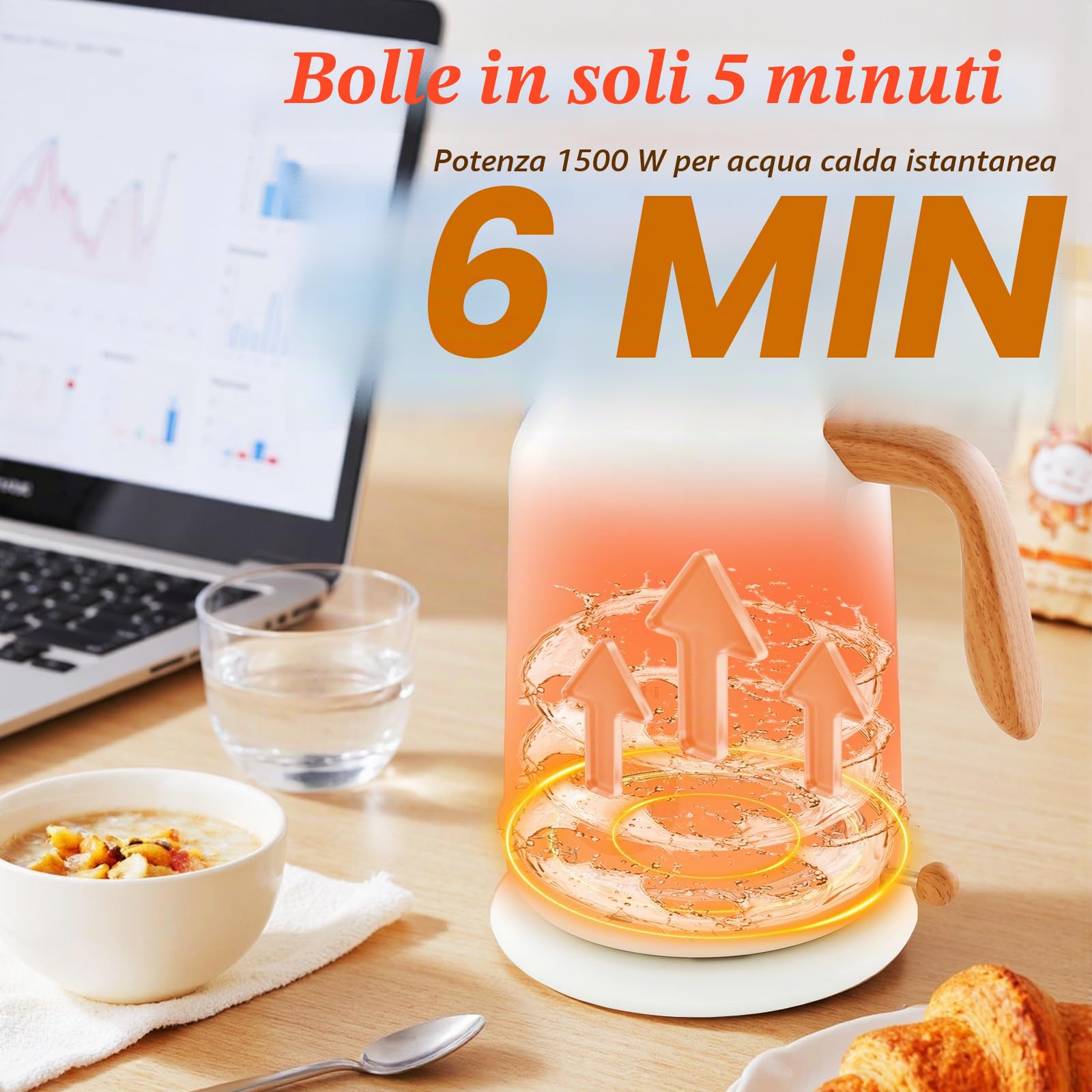DmofwHi Bollitore Elettrico Acciaio Inox 1,7 Litri, Teiera Elettrica Vintage con Indicatore di Temperatura e Termometro, Silenzioso e Base a 360° - Perfetto per la Famiglia per Caffè e Tè, Bianco