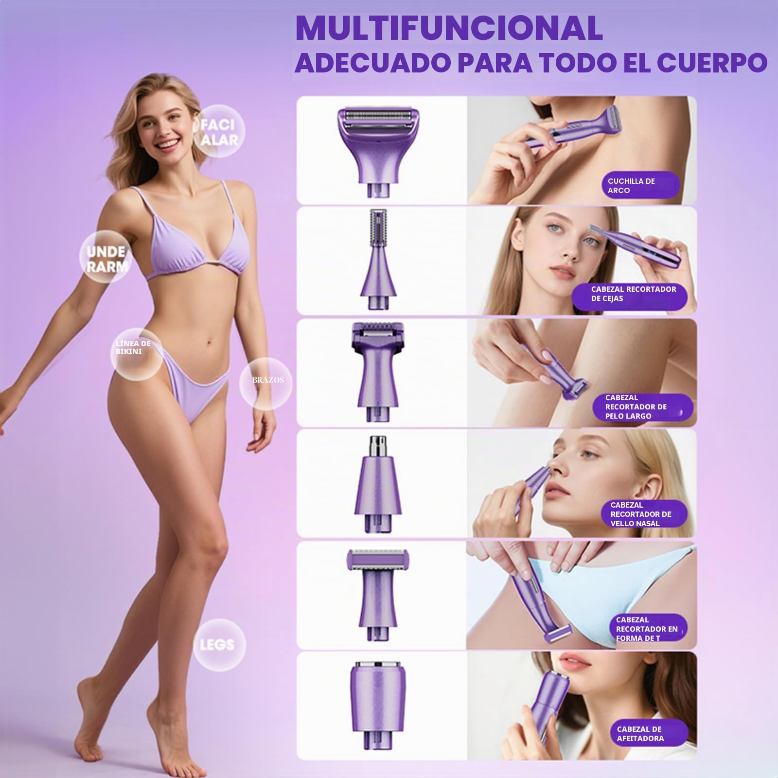 Afeitadora Mujer, 6 en 1 Kit Afeitadora Eléctrica para Cara, Cuerpo, Cejas y Zonas Íntimas, Indoloro Depiladora Mujer Uso en Seco y Húmedo, IPX5 Impermeable, USB Recargable, Morado