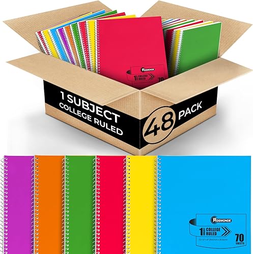Cuaderno de espiral de 1 asignatura, paquete de 48, con rayas universitarias, cubierta resistente al agua, 140 páginaslibro grueso (70 hojas), 8 x