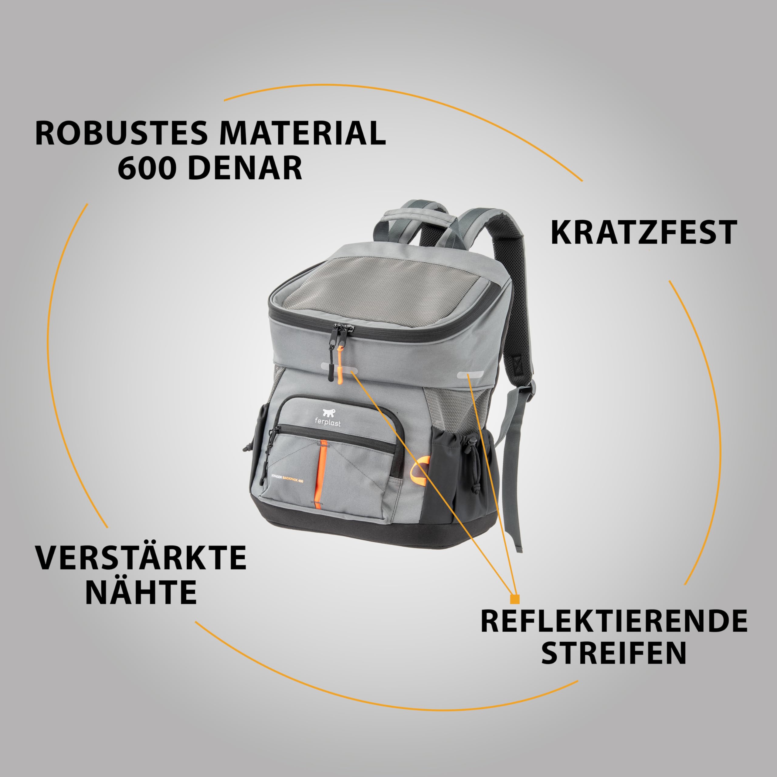 Ferplast VOYAGER Hondenrugzak, Kattendraagtas, Kattenrugzak, Hondendraagtas, Brede opening, Verstelbare banden, Veiligheidsriem, met kussen, Max. 10 kg, 29x21x36H, Grijs