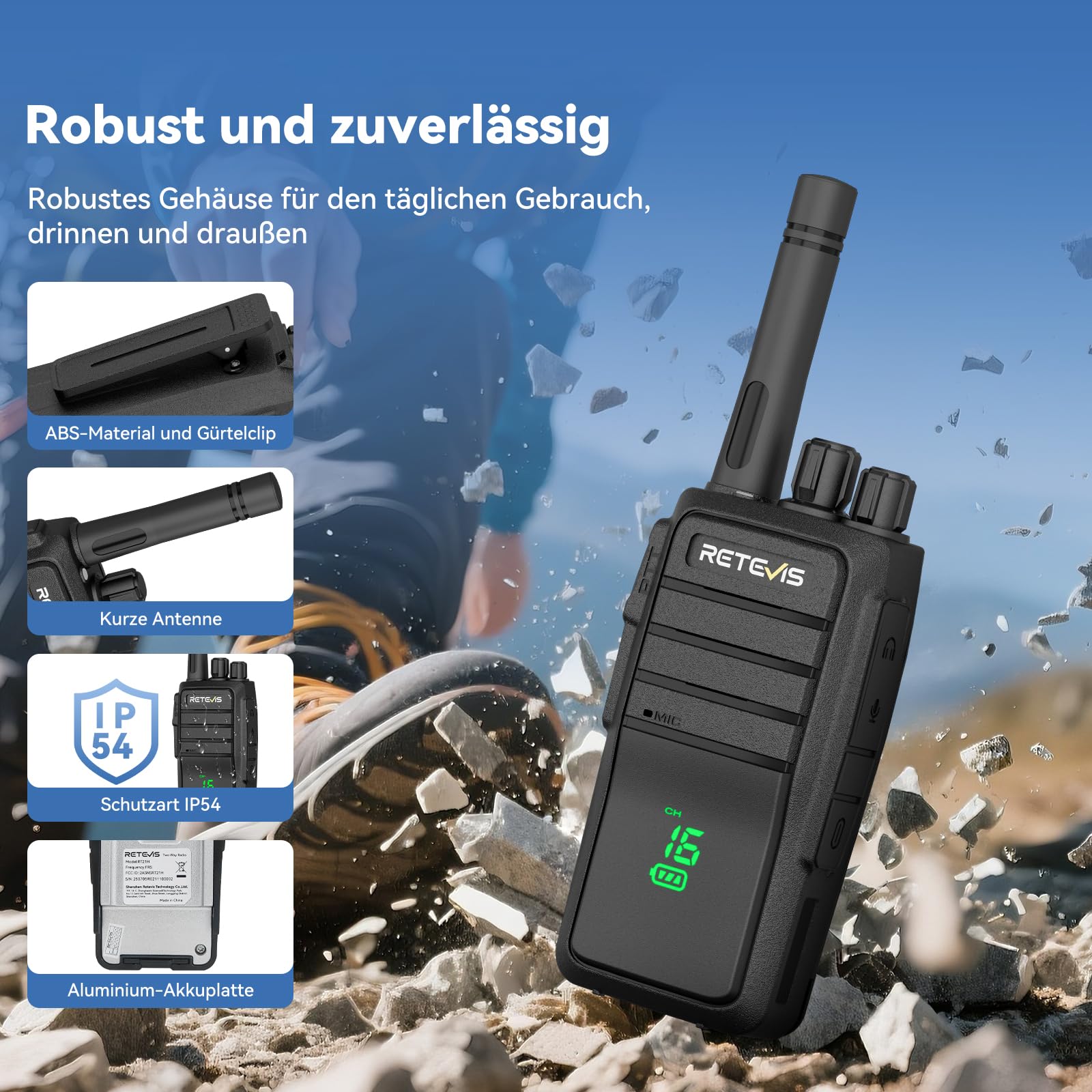 Retevis RT21H Walkie Talkies per Adulti, Walkie Talkie Licenza-libera con Schermo Nascosto IP54 Ricarica Tipo-C Allarme di Emergenza Radio Bidirezionale per Escursionismo, Campeggio(2 Pezzi, Nero)
