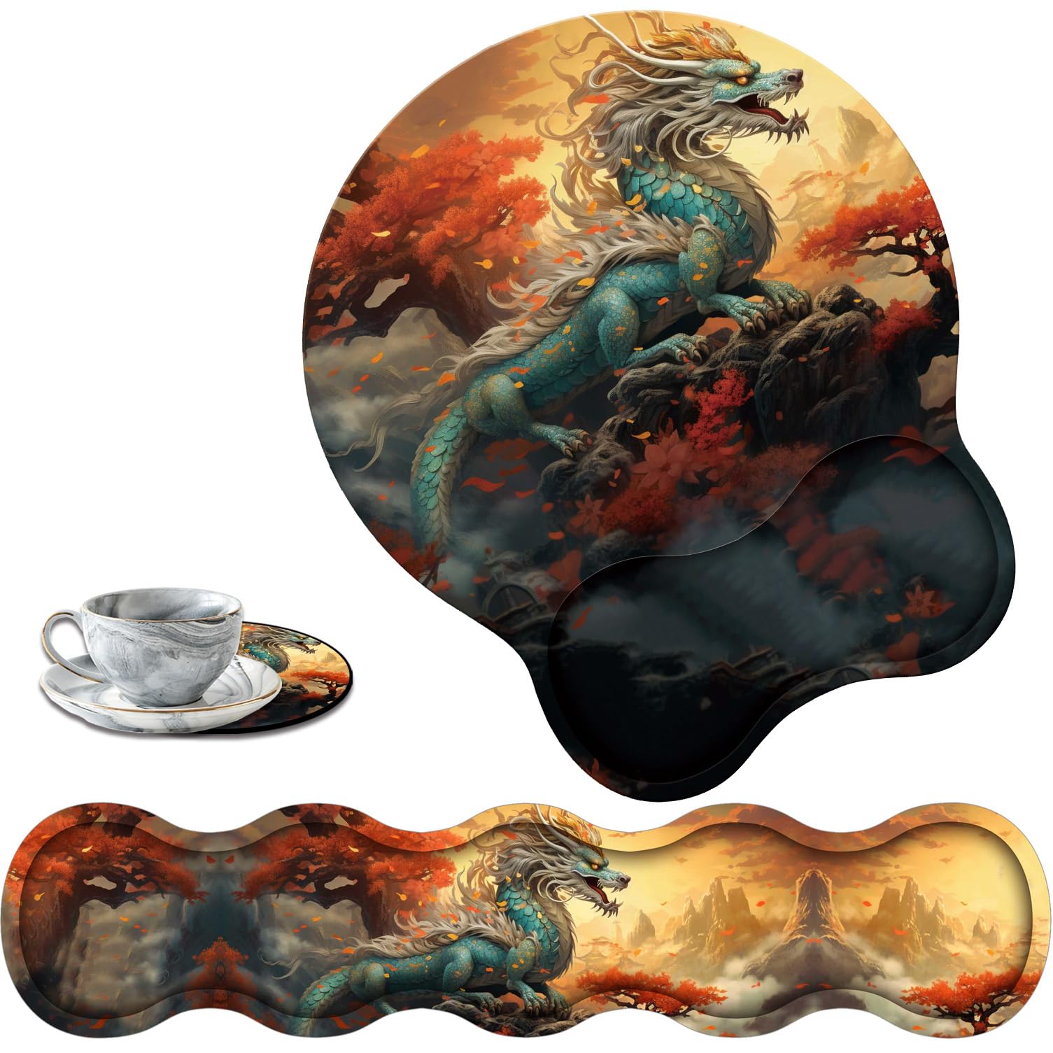 Keyboard Wrist Support + Wrist Mousepad + Coaster Combination, Non-Slip PU Base, with Gel Memory Mousepad, Suitable for Gaming, Office Pain Relief