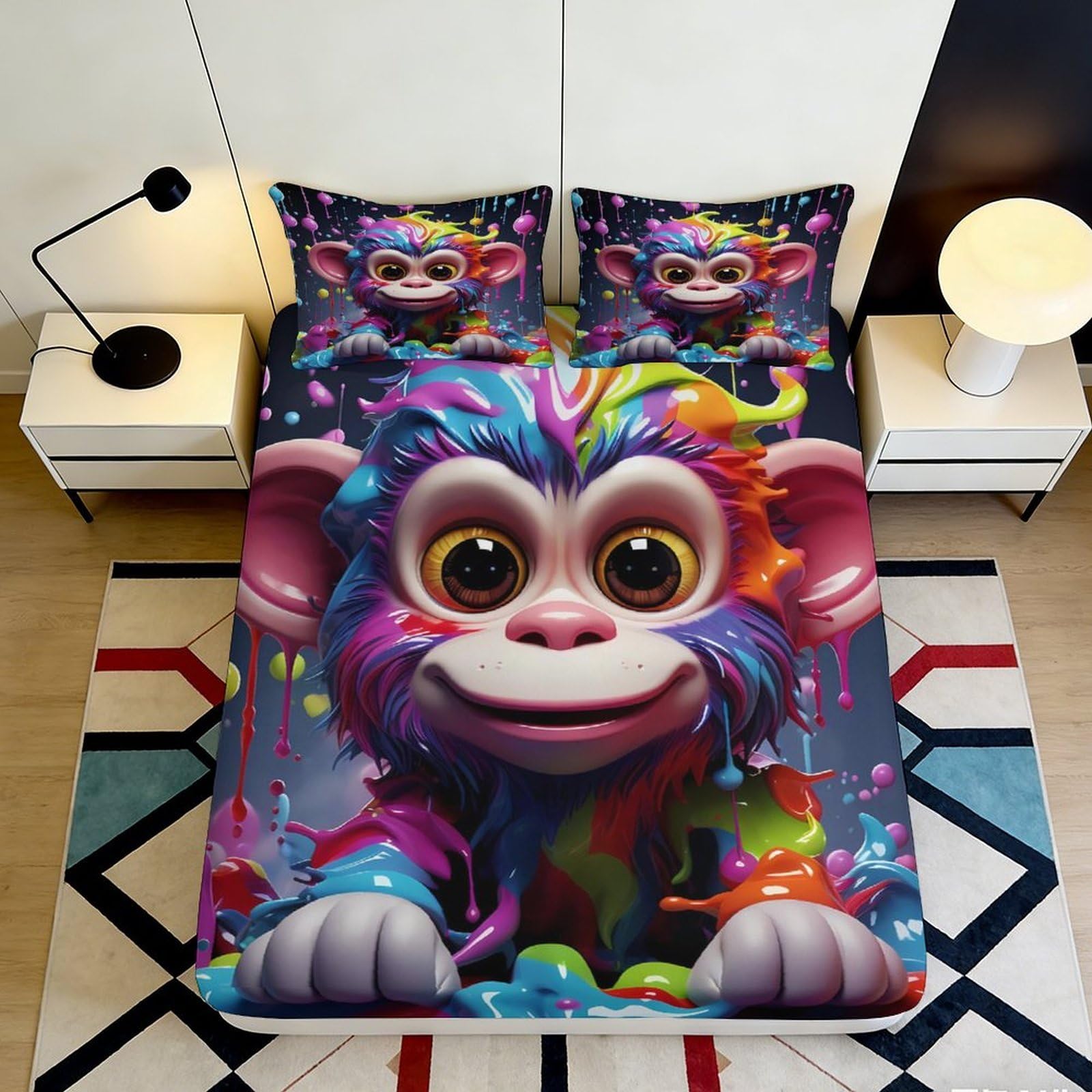 Pnayamiorkfel Style-4 3D Printed Colorful Cartoon Monkey Fitted Sheet Microfiber Soft Bed Cover For Bedroom Dorm Youth Mattress Decor 90X200x25cm