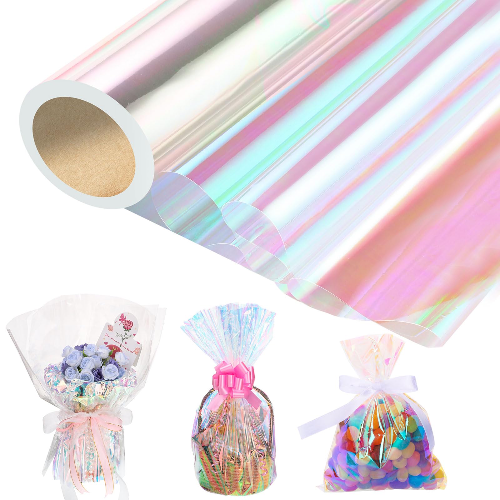 woric 82 Ft X 17 In Cellophane Wrap for Gift Baskets Christmas Iridescent Cellophane Wrap Roll Gift Basket Wrapping Plastic for Gifts Basket Treats Party Favor Birthday Wedding Crafts
