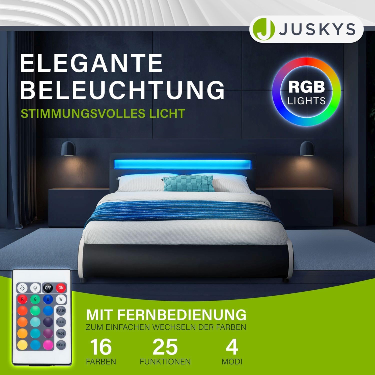 Juskys Polsterbett Sevilla 140x200 cm mit Matratze, LED Beleuchtung, Lattenrost & Kopfteil - Holz & Kunstleder - 16 Farbeinstellungen & Fernbedienung - Bett Jugendbett Einzelbett - Schwarz