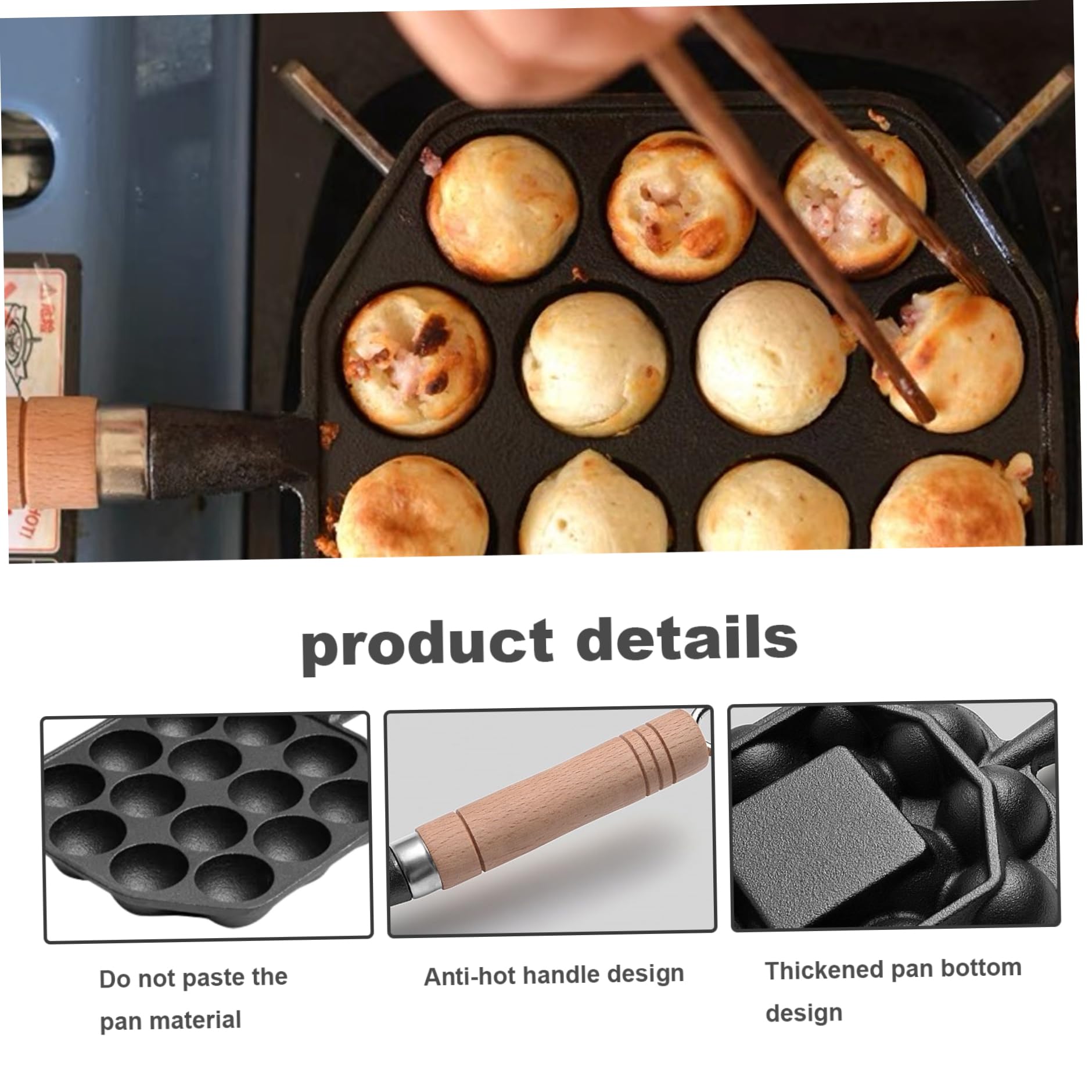 Takoyaki-Pfanne mit 14 Löchern, antihaftbeschichtete Gusseisenpfanne, abnehmbarer Griff