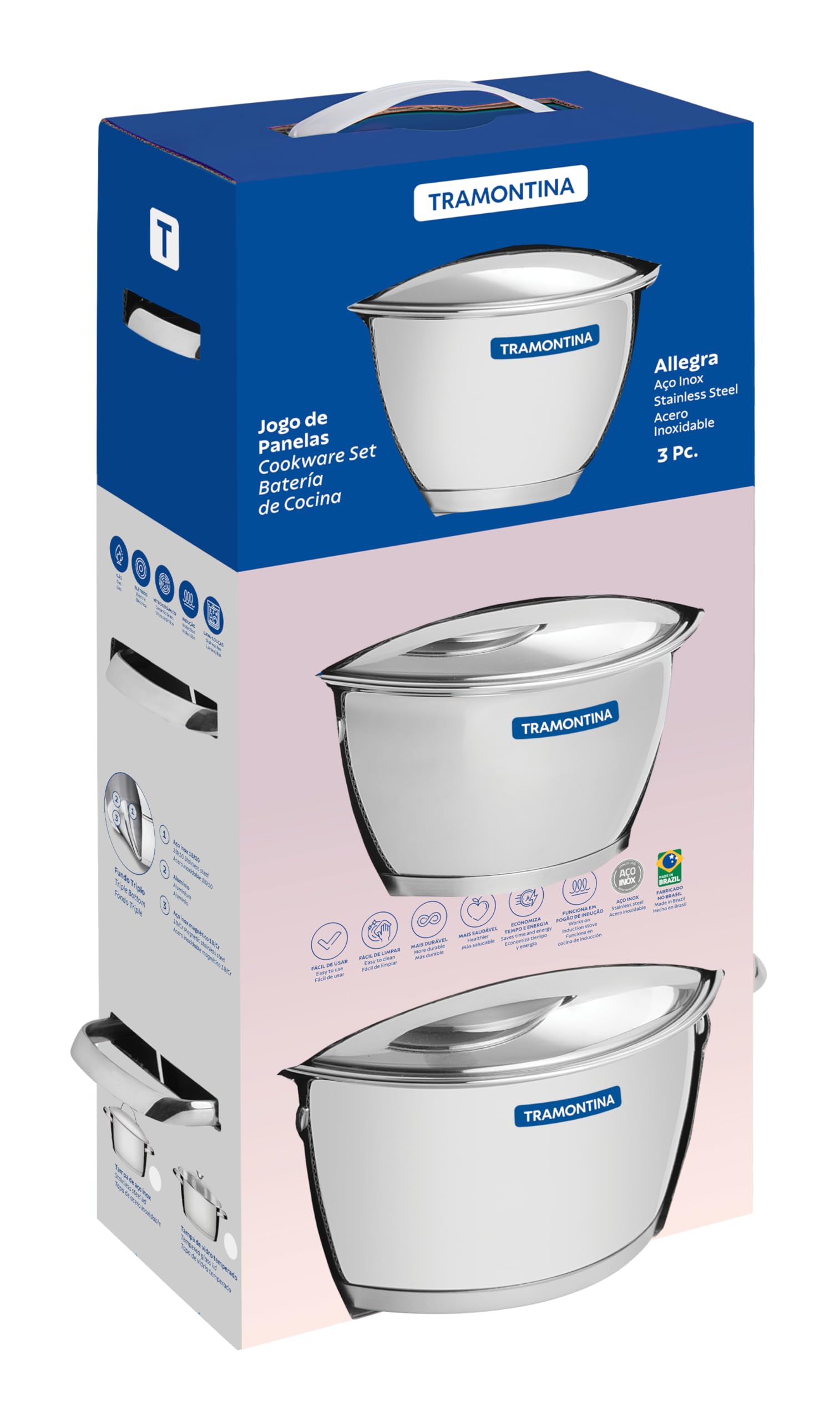 Tramontina Batería de Cocina Allegra Inox Fondo Triple 3 Piezas