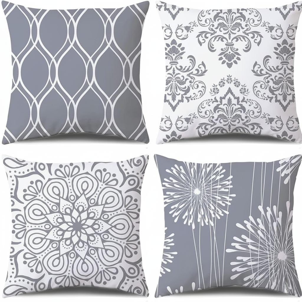Fundas de cojín 45x45 cm gris y blanco juego de 4 piezas geométricas de microfibra para sofá