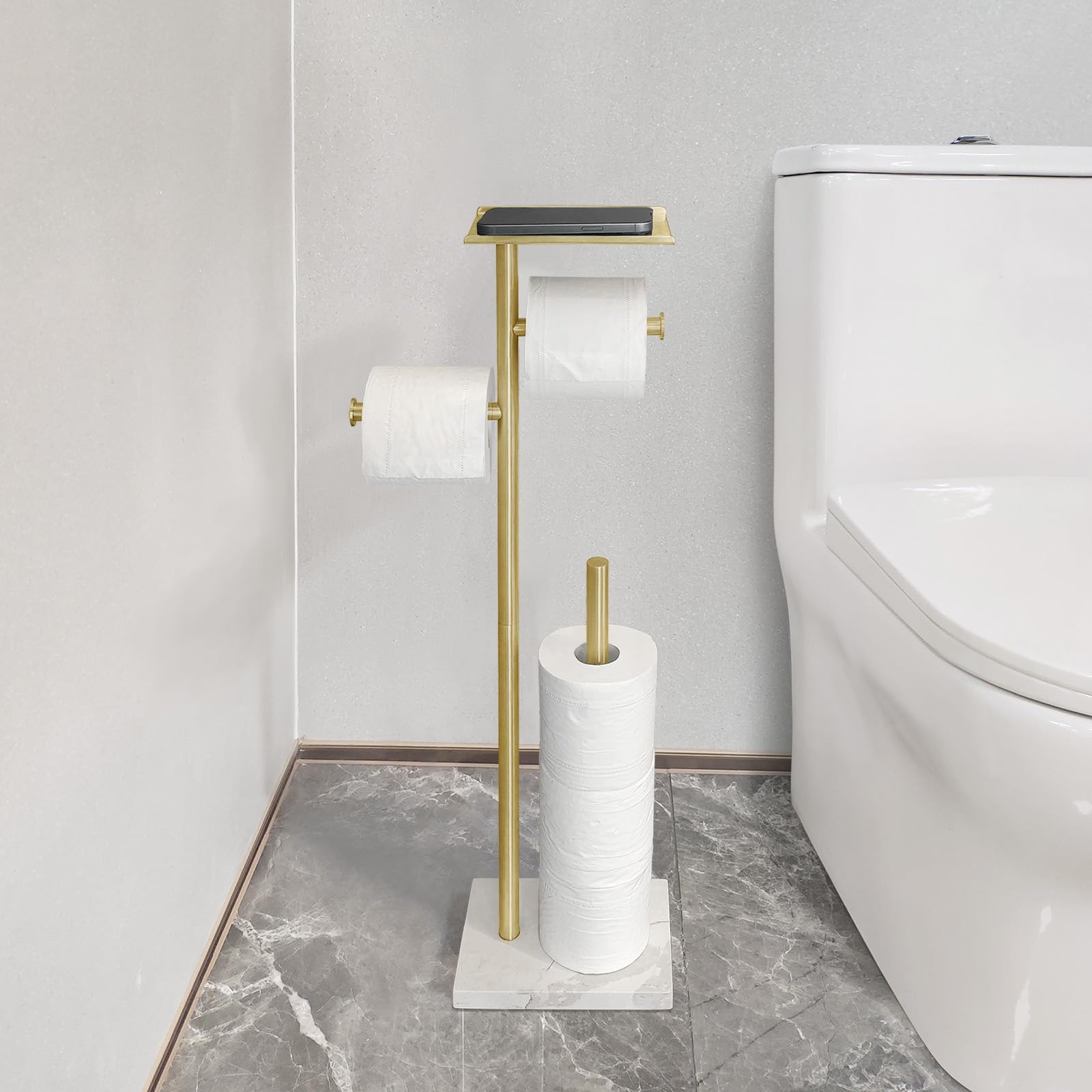 GZILA Brushed Gold Toilet Paper Stand With Shelf – Marble Base, Freestanding, Holds 5 Rolls, SUS304 Stainless Steel, 26.2 Inch Height, Anti-Slip Pads