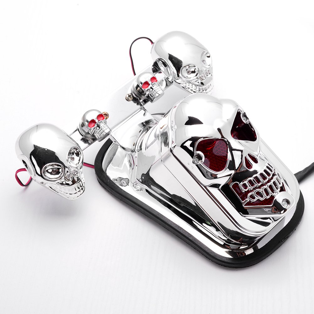 Skull Chrome Motorcycle Quad ATV Integrated Brake Rear Stop Tail Turn Signal Blinker Indicator Light Compatible with Harley Sportster Dyna Glide Custom Bobber Chopper Cruiser