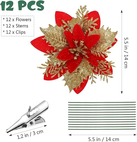 Miniatura 2 de Flores de Pascua de Navidad con purpurina, flores artificiales para árbol de Navidad, decoración de flores con clips y tallos para coronas de fiesta