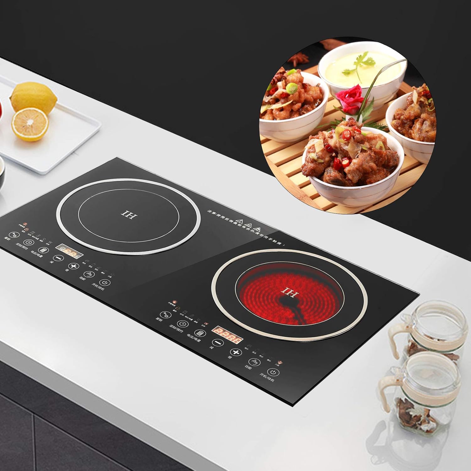 Black Crystal Panel Induction Cooker Ceramic-Cooker Combo Electric Hot Plate Stove Countertop Double Burner Electric Cooktop 1200W + 1400W with 8 Gear Firepower Induction Stove Cooker For Griddle, Pan