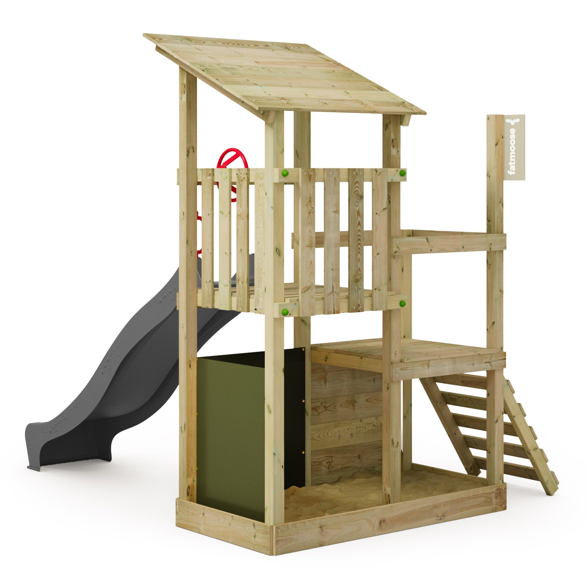 FATMOOSE Spielturm Klettergerüst FruityForest Fun XXL mit anthraziter Rutsche, Outdoor Kinder Kletterturm mit Sandkasten, Leiter & Spiel-Zubehör für den Garten