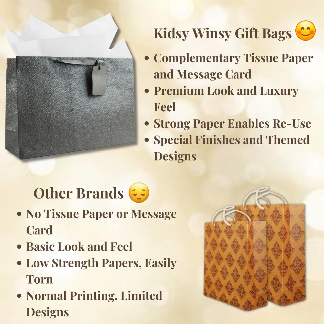 Kidsy Winsy Silber-Geschenktüten mit Seidenfüllpapier und Dankeskarte – XL-Papiertüten für Rückgabegeschenke | Tragetaschen für Geburtstag, Hochzeit, Jahrestag | Goodie Bags zum Verschenken