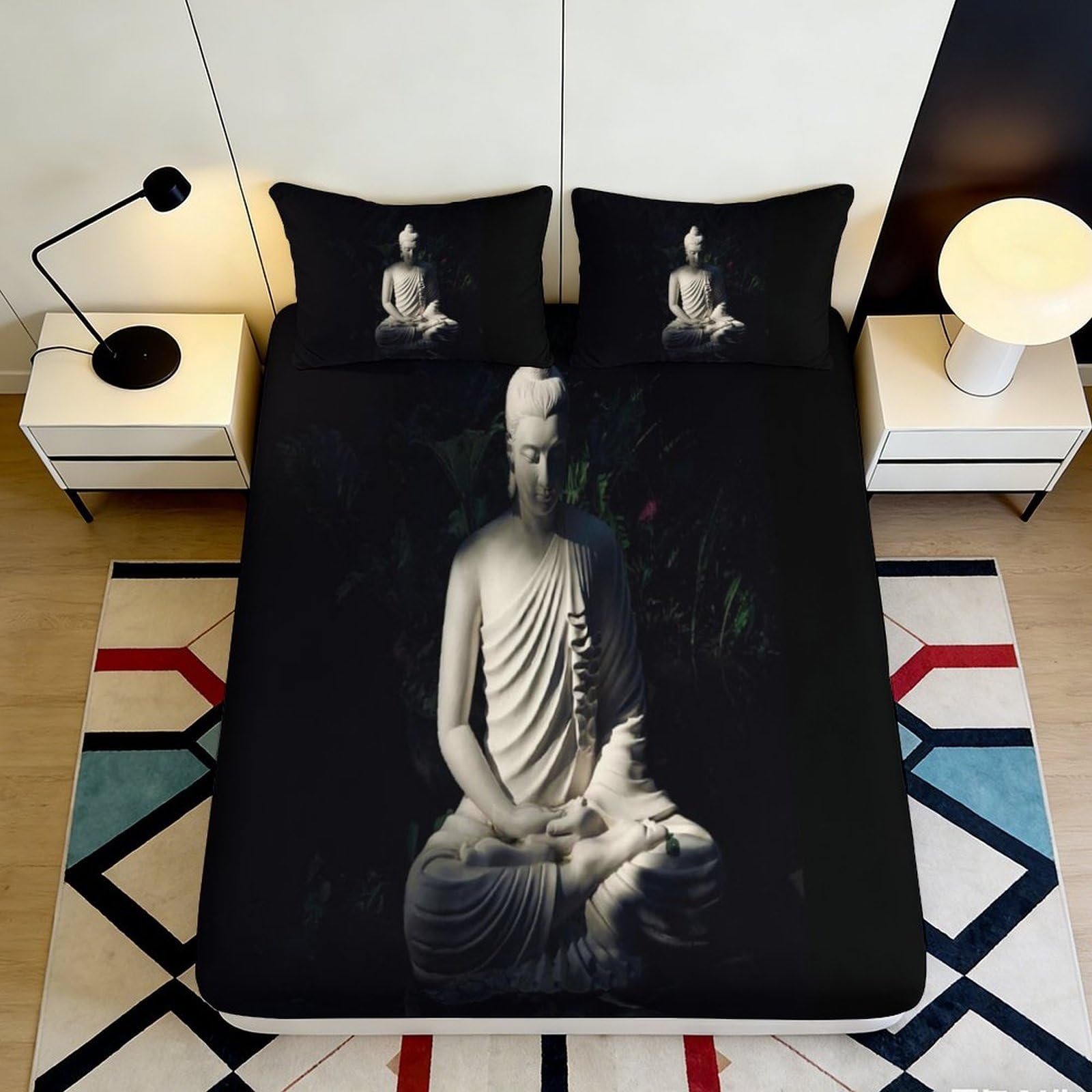 Pnayamiorkfel Style-6 3D Printed Buddha Statue Fitted Sheet Microfiber Black Meditation Art Bed Cover For Bedroom Guestroom Decor Easy Care 90X200x25cm