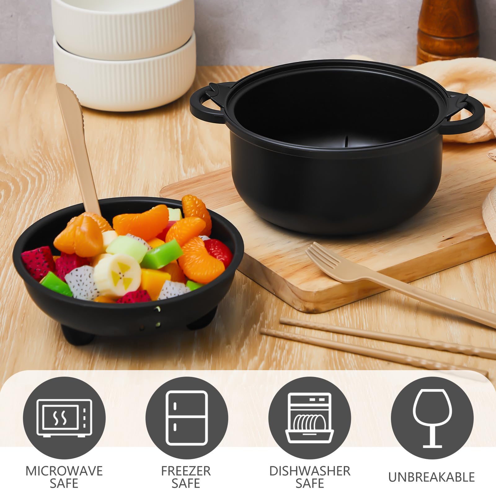Large 45oz Cute Ramen Bowl Set Microwavable Pig Ramen Noodle Cooker Wheat Straw Bowl with Strainer Lid Handle Spoon Chopsticks Fork Gift for Home Dorm College(Black,1 Set)