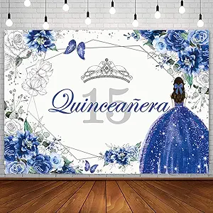 Sendy 7x5ft Quinceanera 15th Birthday Backdrop for Sweet Girl Mis Quince Anos Party Decorations Royal Blue Silver Glitter Floral Crown Butterfly Banner Photography Background Photo Props