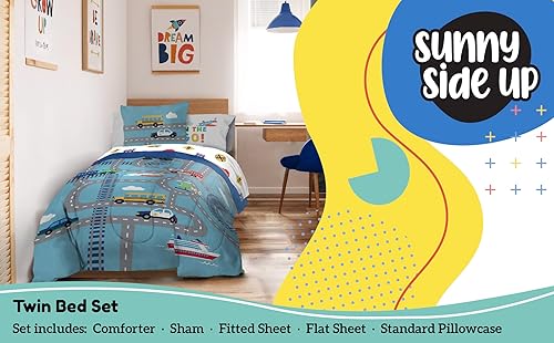 Miniatura 2 de Sunny Side Up On The Go - Juego de edredón tamaño individual, ropa de cama infantil de 5 piezas, incluye edredón, sábanas y funda de almohada, juego