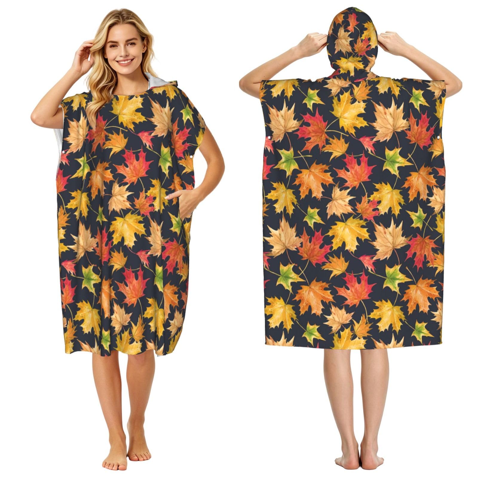 Poadnly Autumn Colorful Maple Leaves, Adult Hooded Beach Towel 90 x 110 cm,Changing Bath Robe, Surf Poncho Towel For Women Men
