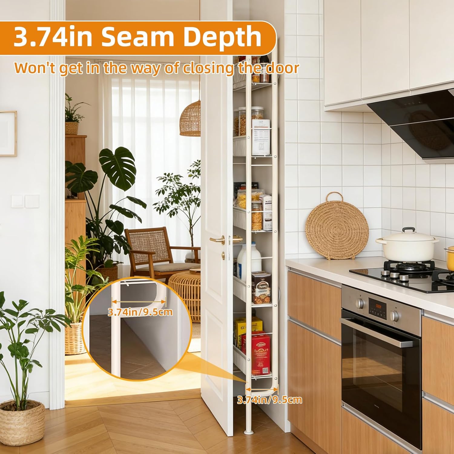 Saiveina Behind The Door Storage 5 Tiers Narrow Wall Shelf, Space-Saving Behind Door Storage, Slim Metal Shelf for Kitchen Bathroom Living Room, Off-White