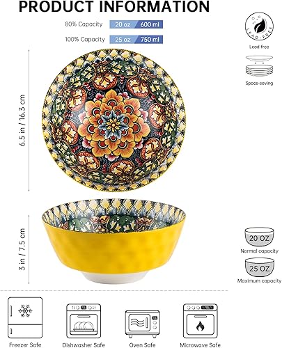 Miniatura 2 de Henten Home Juego de 6 Tazones de Cerámica para Sopa, Juego de Tazones de Cereal de Porcelana de 25 oz, Tazones de Servir de Estilo Bohemio