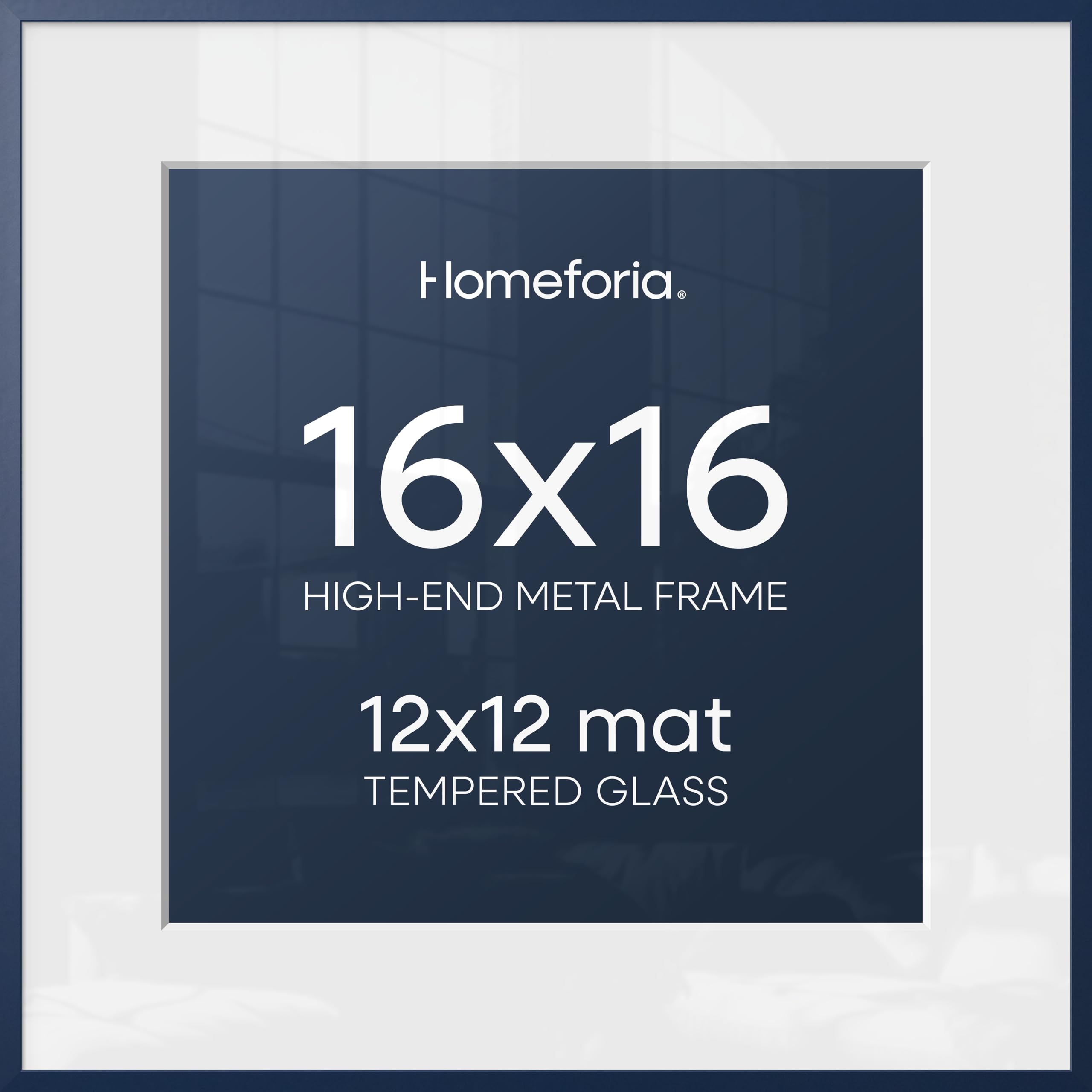 Homeforia 16x16 Picture Frame Navy Blue, High End Metal 16 x 16 Square Poster Frame with Mat 12 x 12 Photo, 16x16 Frame Matted to 12x12 Print, 16by16 Hanging Frames, Tempered Glass, Wall Kit, Set of 2