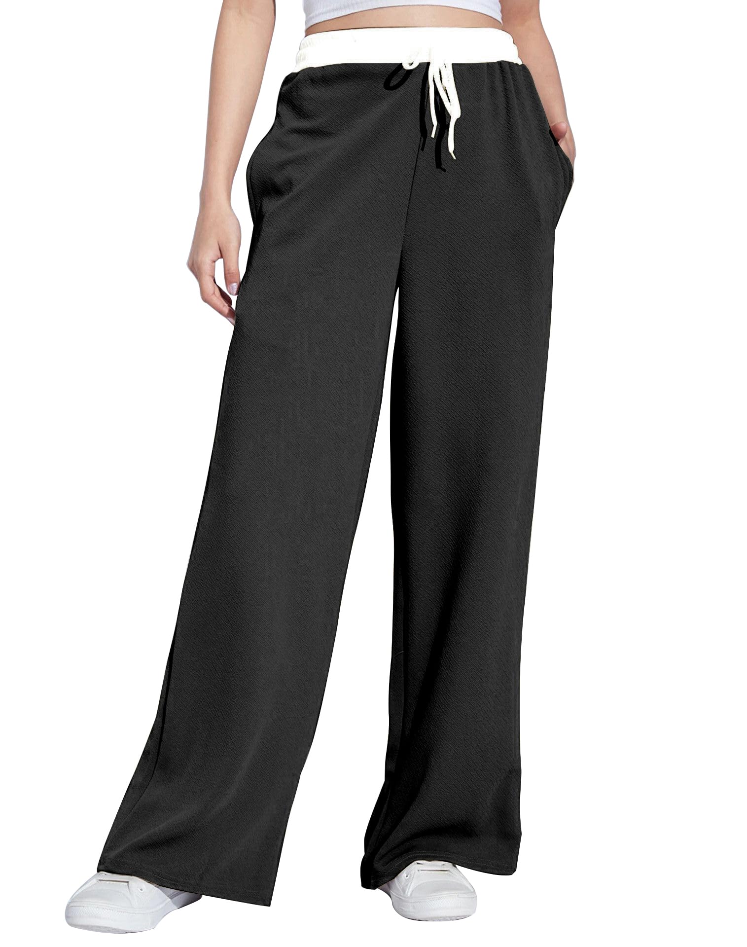 Wide Leg Drawstring Pants, with Contrast Waist Band || Casual Lounge Wear Side with Pockets, High Waisted, Relaxed Fit Trouser for Women-image-42