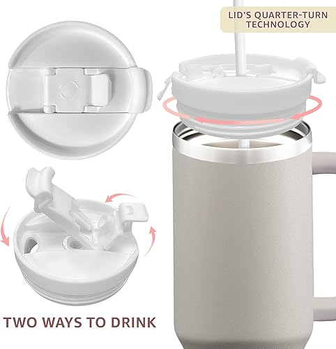 Miniatura 2 de Vaso gris cálido de 40 onzas con asa y cubiertas de pajilla, botella de agua aislada con tapa, asa y juego de 4 adornos para popote