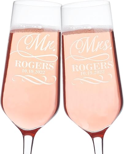Juego de 2 copas de champán personalizadas para boda, copas de champán personalizadas para novia y novio, señor señor, señora, apellido y fecha con