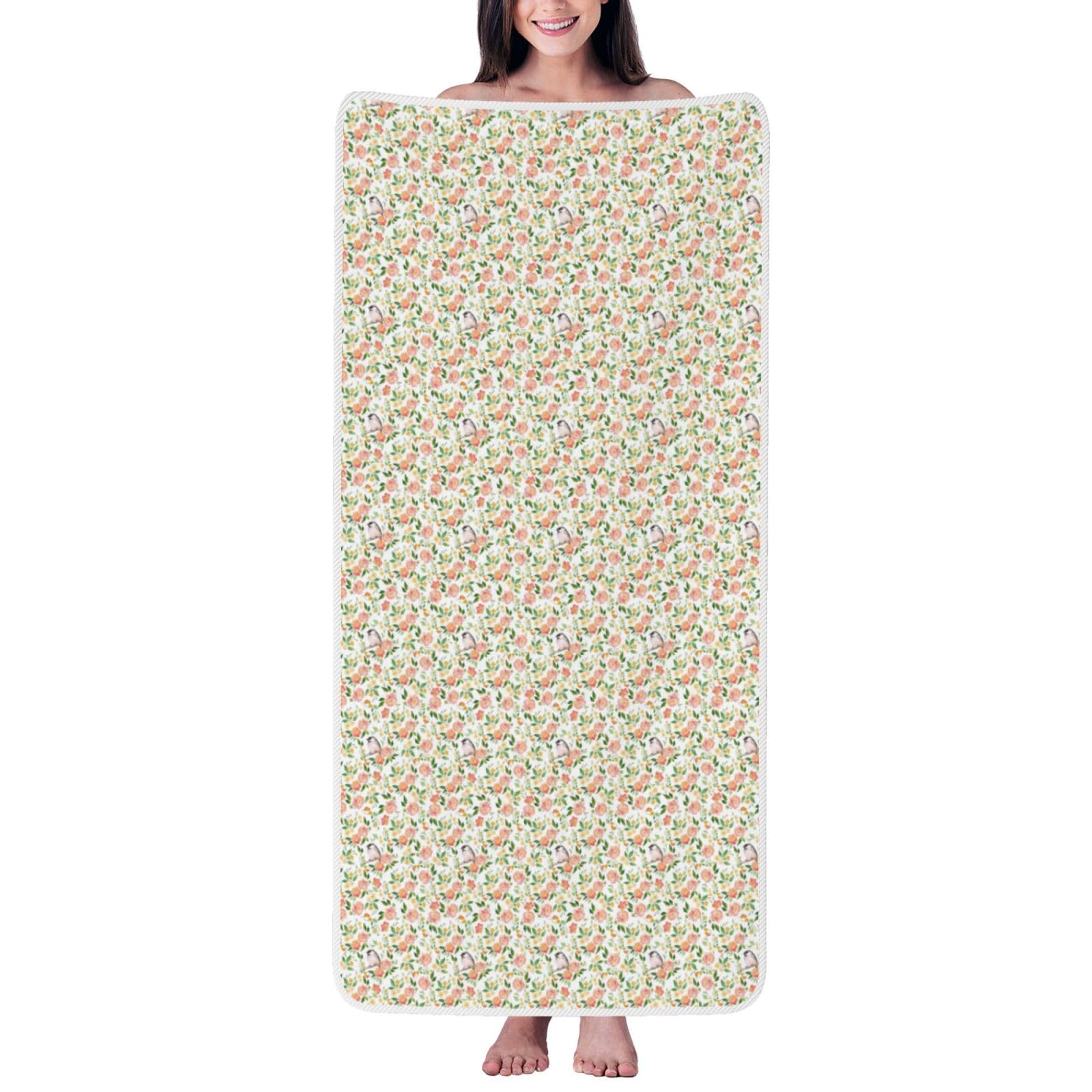 Ztpowqa Women's White Flower And Bird Print Coral Velvet Bath Towel For Home Gym Lounging Bathroom Spa Hotel Beach Travel