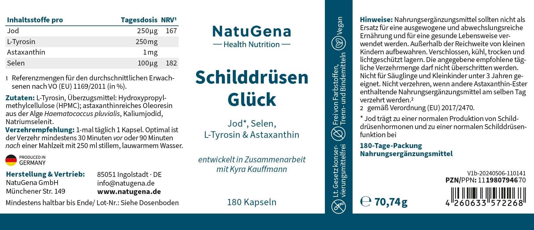 NatuGena SchilddrüsenGlück, 250 μg Jod & 100 μg Selen, 250 mg L-Tyrosin & 1 mg Astaxanthin pro Kapsel, 180 Kapseln (6 Monats Packung)
