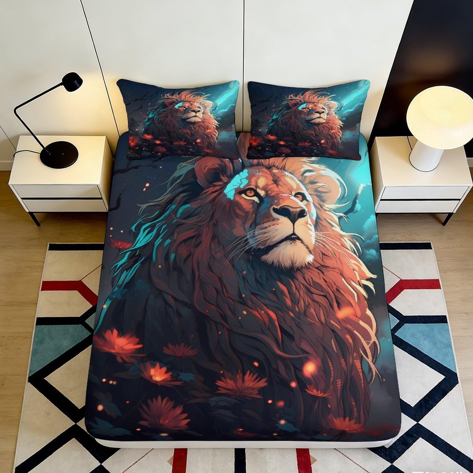 3D Printed Majestic Lion Fitted Sheet Microfiber Soft Bedroom Decor Wild Floral Bed Cover for Home Dorm Guest Room 90x200x25cm