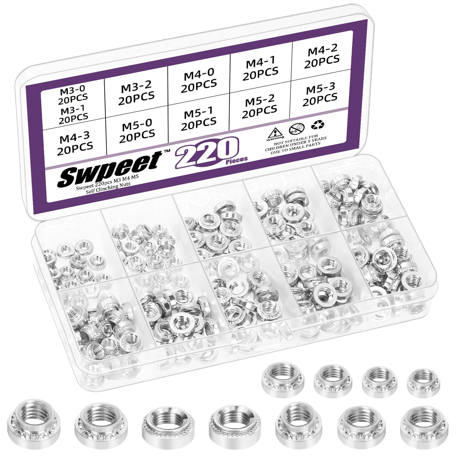 Swpeet 220Pcs 11 Sizes M3 M4 M5 Silver 304 Stainless Steel Knurled Self Clinching Nuts Assortment Kit
