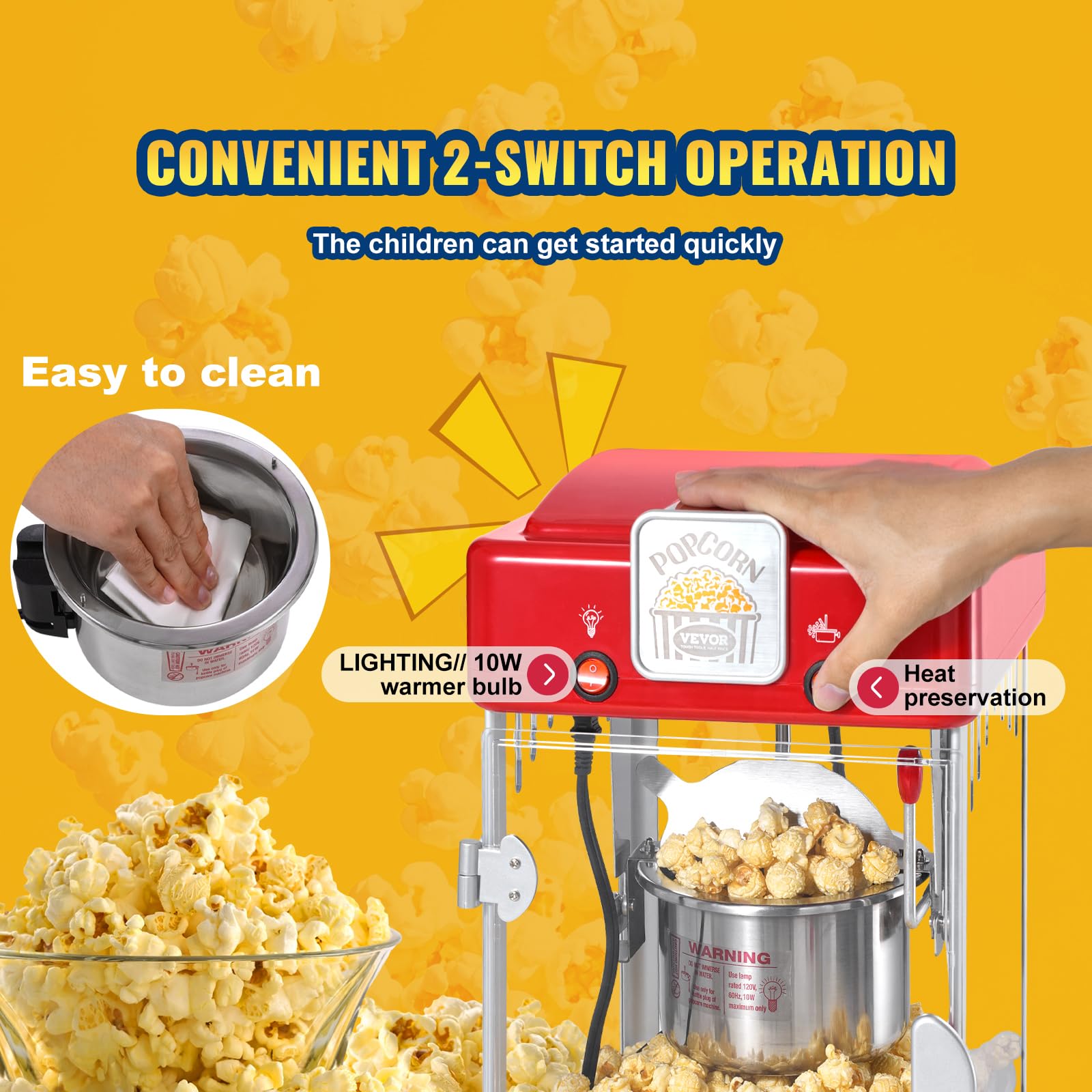 VEVOR Maszyna do popcornu, maszyna do popcornu 300 W, waga 3,25 kg, czajnik 0,07 kg, 3,78 kg na partię, stołowa maszyna do popcornu z drzwiami, w zestawie 2 łyżki tacy, styl teatralny, czerwony