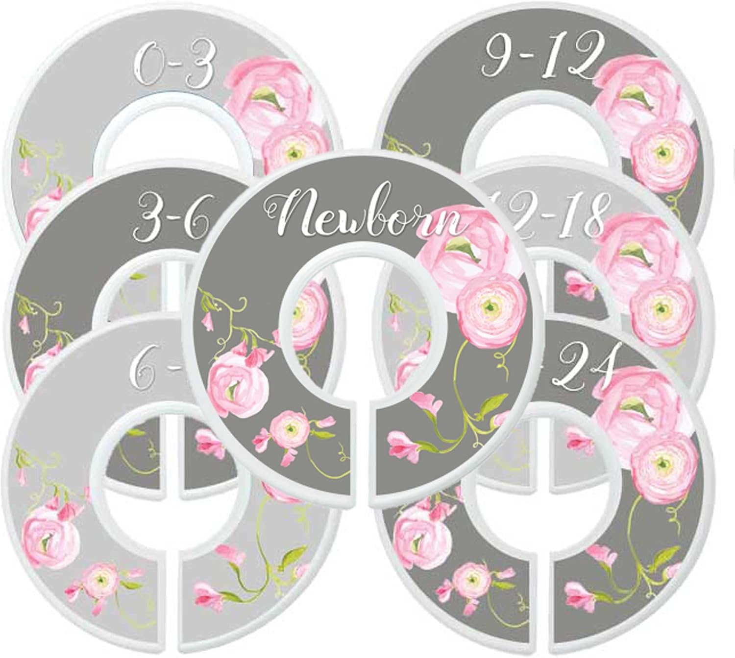 Nursery Closet Dividers, Closet Organizers, Baby Girl Clothes Organizers Pink Grey Floral (Sizes NB+0-24M (7 rings))