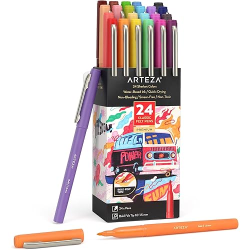 ARTEZA Felt Tip Pens, Set of 24, Sherbet Colors, 1.0–1.5mm Fiber Tip, Quick-Drying Ink