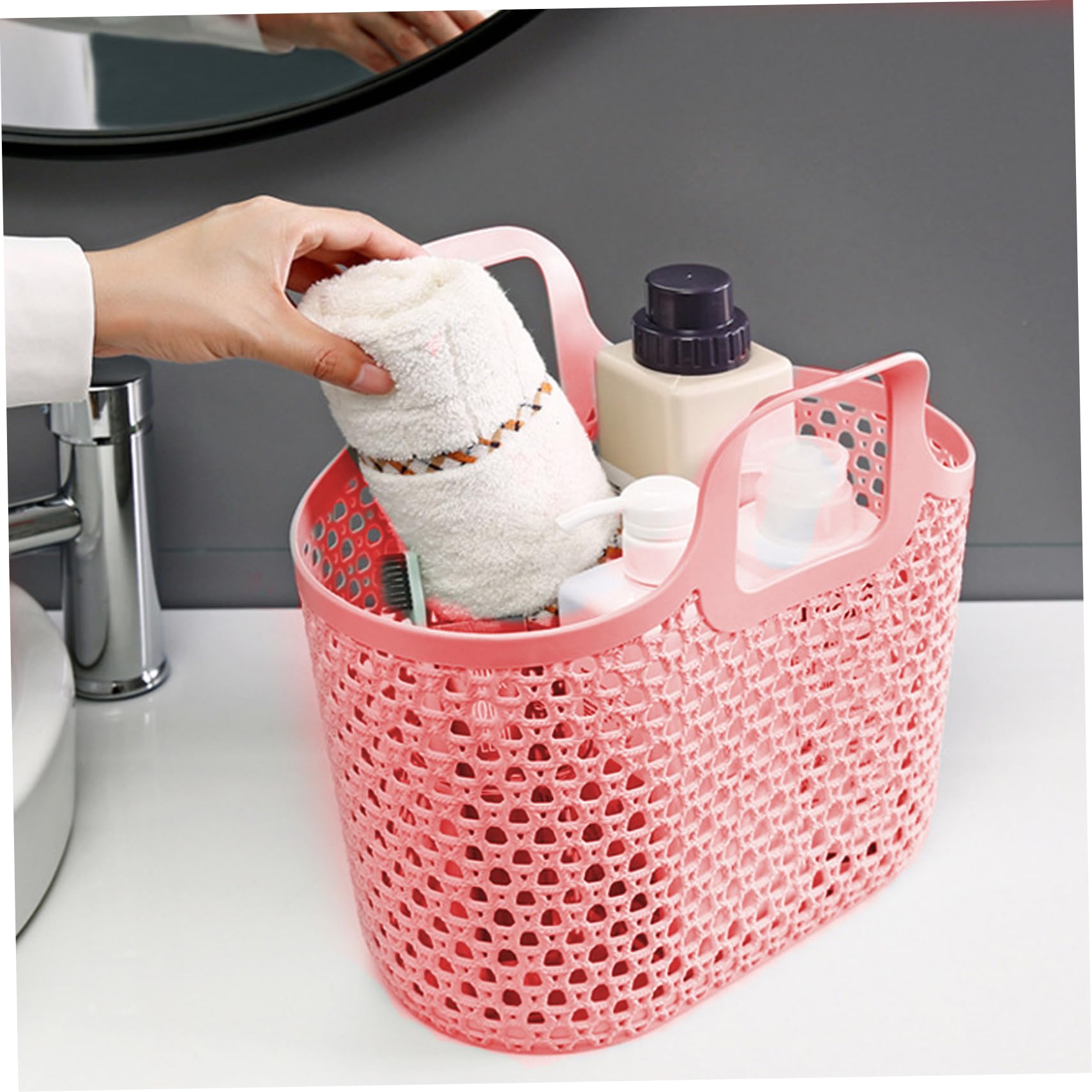 Cesta de ducha portátil, cesta de plástico hueca con doble asa, de ducha de gran capacidad para lavandería, baño, almacenamiento en dormitorio universitario y 1