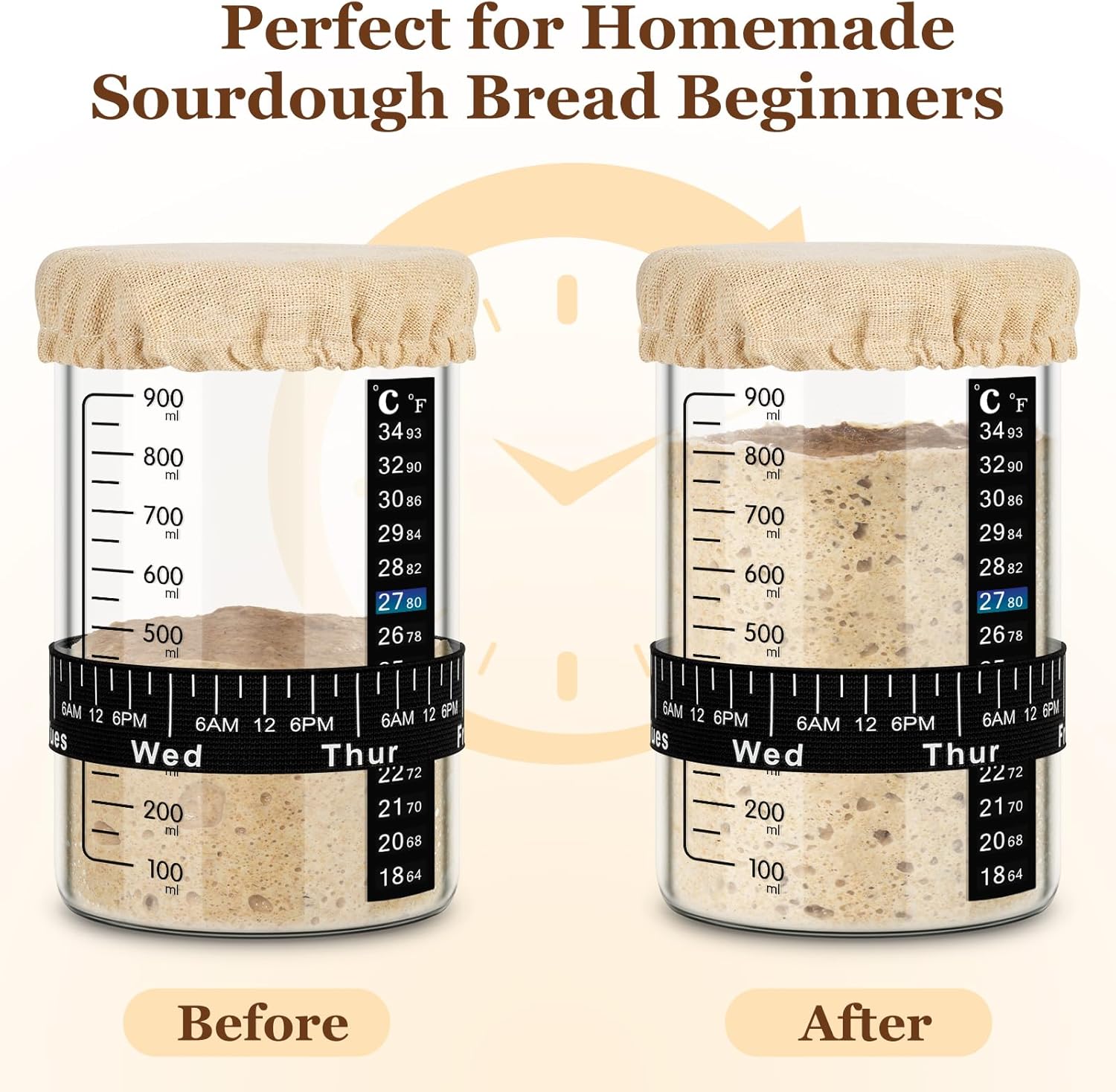 JYTEAMS Sourdough Bread Starter Kit, Wide Bore 32 oz Sourdough Starter Jar with Date Marked Feeding Band, Thermometer, Sourdough Jar Scraper, Sourdough Container Sewn Cloth Cover & Wood Lid