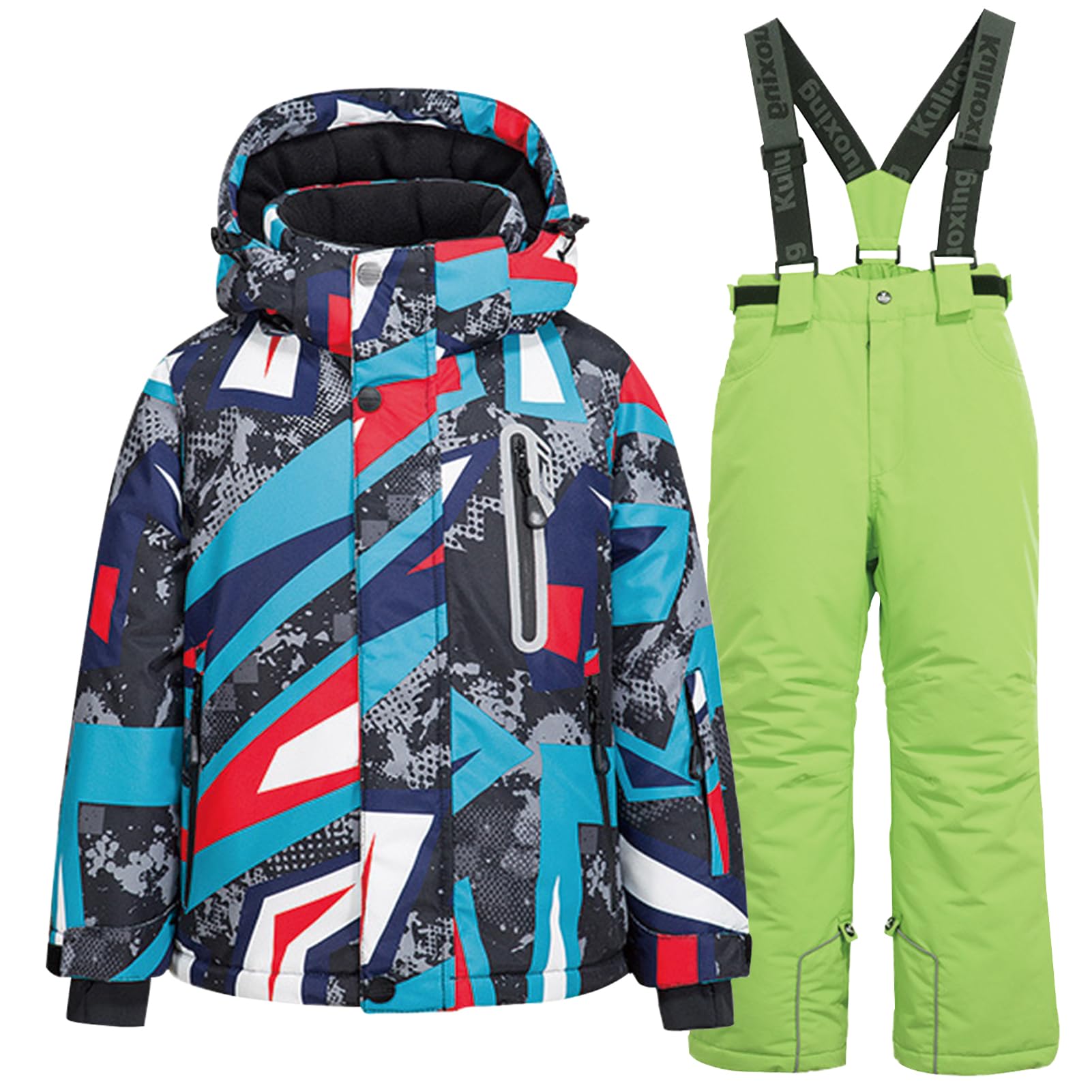 Conjunto de traje de esquí infantil de 2 piezas con capucha, impermeable, resistente al viento, traje de nieve para niños y niñas, chaqueta de esquí cálida y pantalones de esquí, geométricos