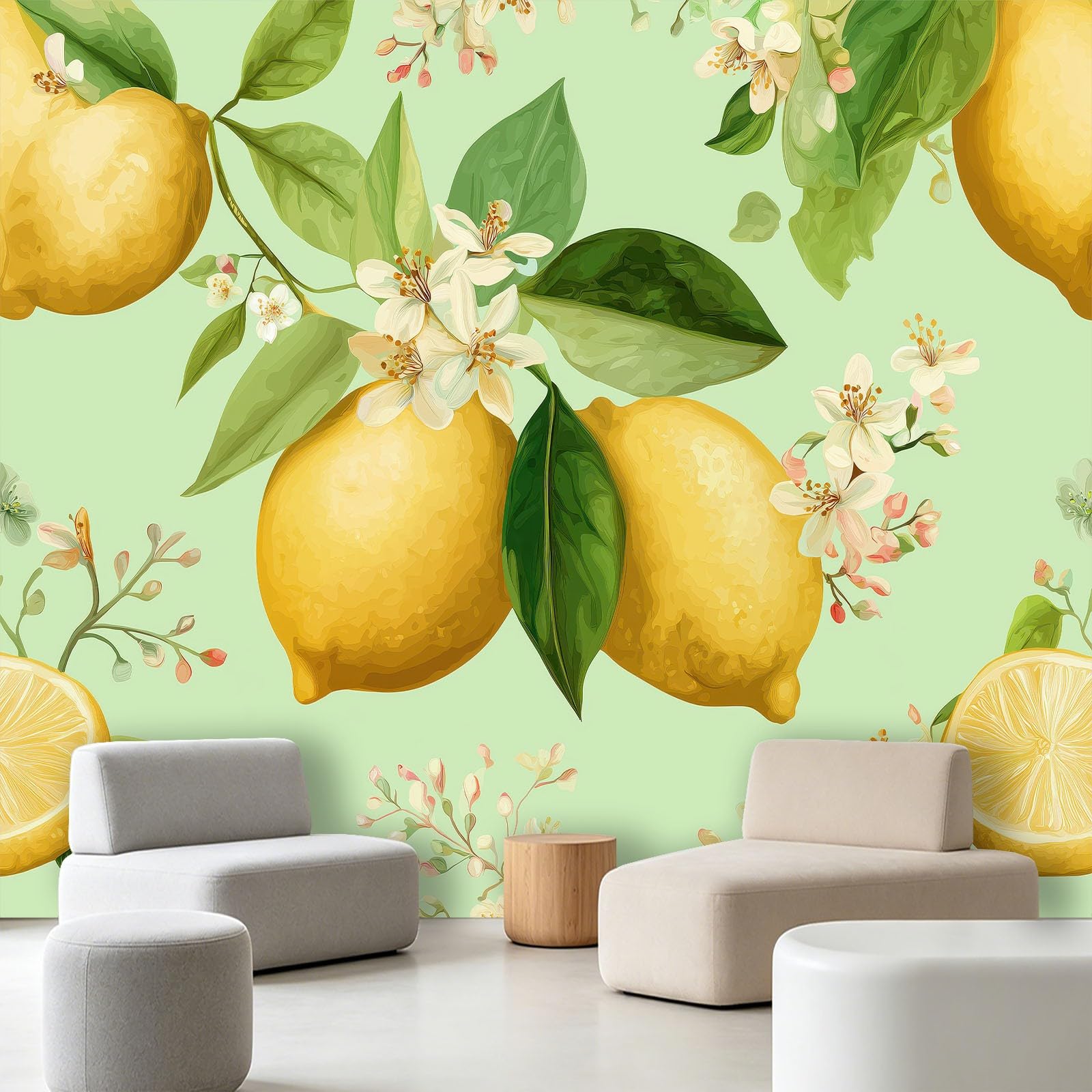 Générique Carta da parati Panoramica in tessuto non tessuto Retro Frutti floreali | Foto da parete in tessuto non tessuto 350 x 256 cm | Poster decorativo per soggiorno e camera da letto - Limone