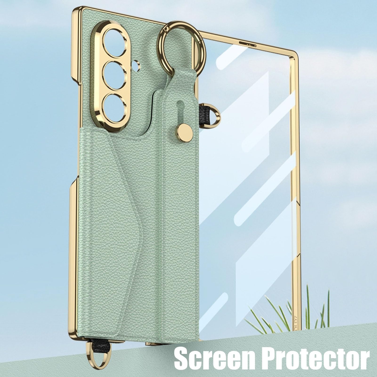 Generisch Etui do Samsung Galaxy Z Fold 7, skórzana bransoletka stojak przegródki na karty pokrowiec na telefon komórkowy metalowy łańcuszek etui ochronne folia ochronna na wyświetlacz osłona (Green2)