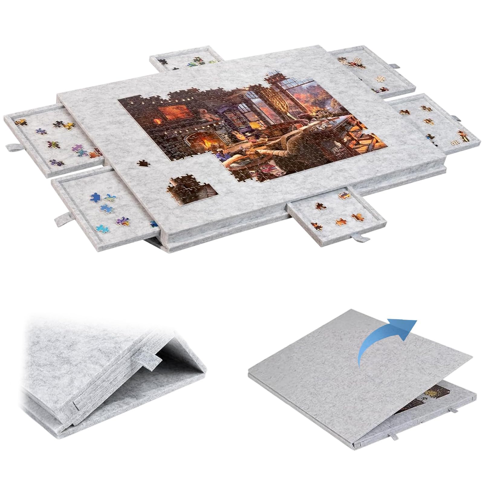 Drewniana plansza do układania puzzli 1000 elementów dla dzieci, składany stół do puzzli ze stojakiem, 6 filcowych szuflad i pokrywa, przenośna mata do puzzli na podróże i do domu #2